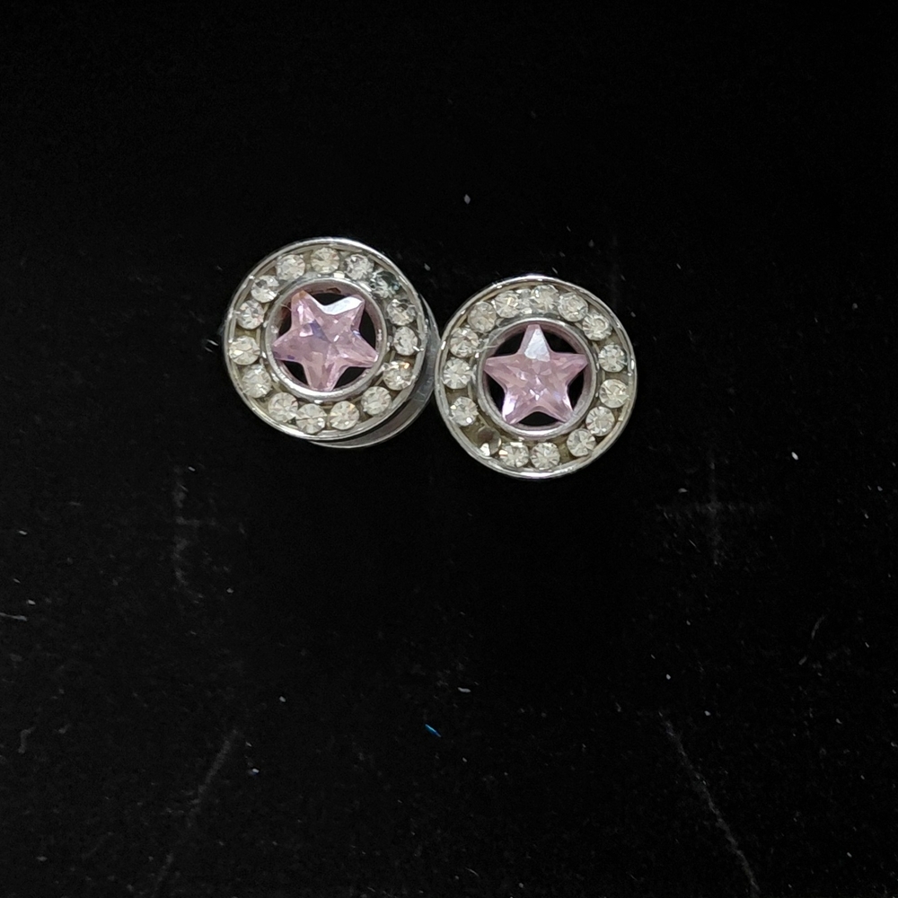 Mystic Metal Pink Star White Glass Accents Metal Screw Back Plugs Size 0